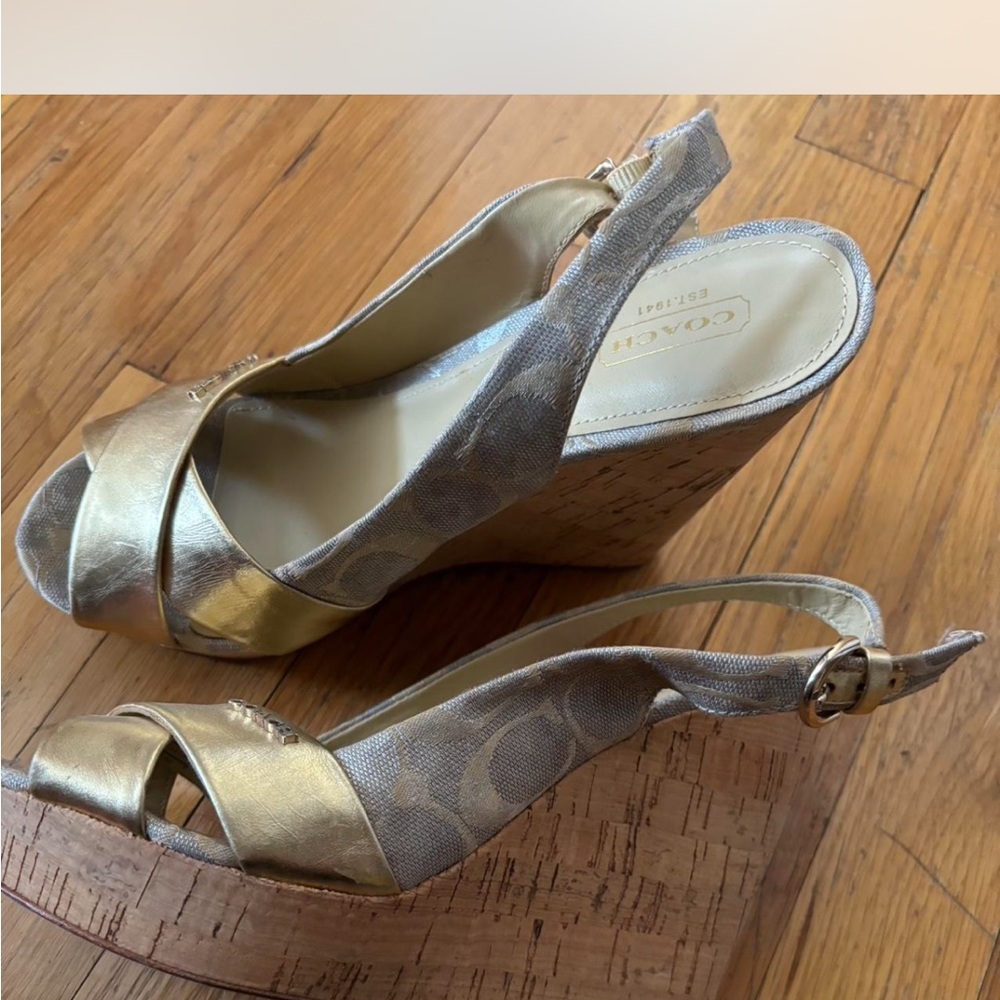 Coach Gold and Tan Wedge Sandals